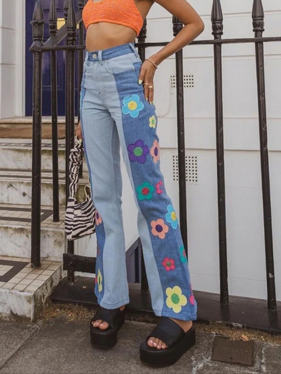 Denim - Blue Flare Jeans with Colorful Floral Side Panels. Size Small